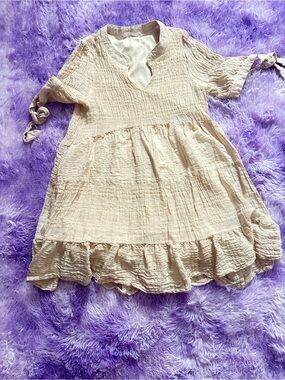 TALULAH Cream Crinkle Ruffle-Hem Cotton Dress